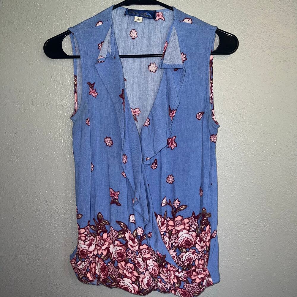 Periwinkle Blue Floral Chambray Ruffle Blue Rain Top Sleeveless Size Small